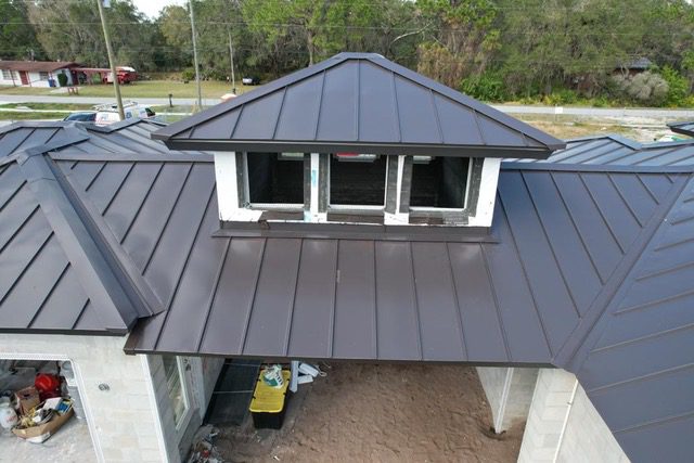 Close-up of black standing seam metal roofing